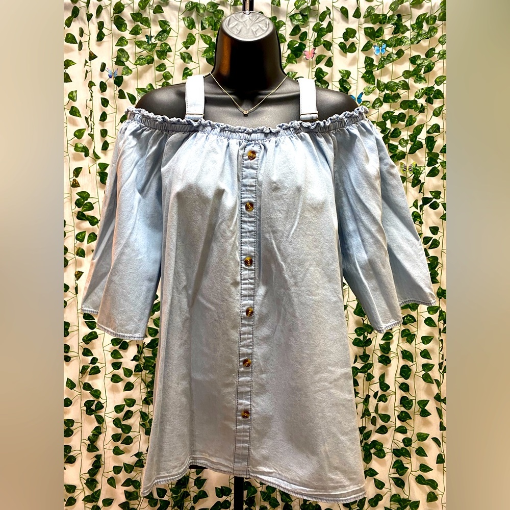 Off Shoulder Blue Denim Long Sleeve Stretch Blouse